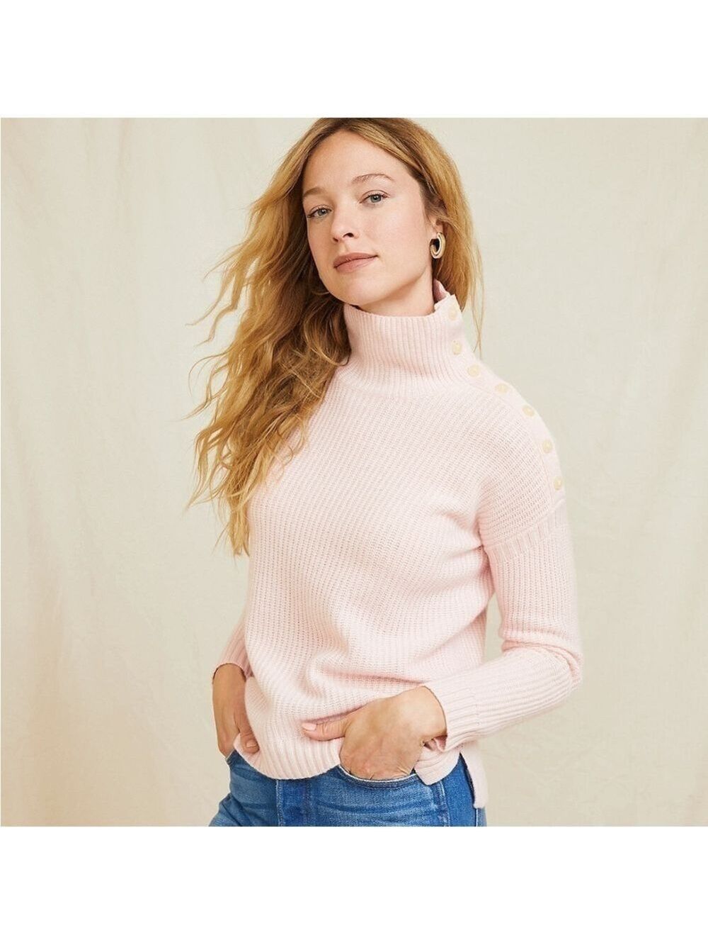 Nwt Garnet Hill Women’s Recycled-Cashmere Button Turtleneck Sweater Blush XS